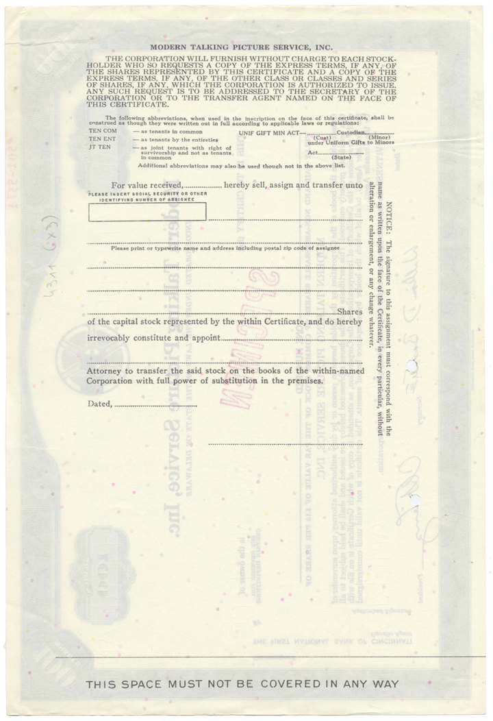 Modern Talking Picture Service, Inc. Specimen Stock Certificate