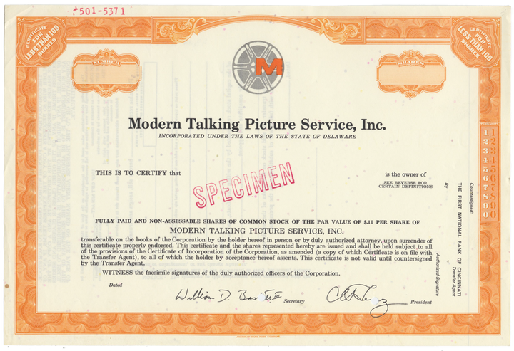 Modern Talking Picture Service, Inc. Specimen Stock Certificate