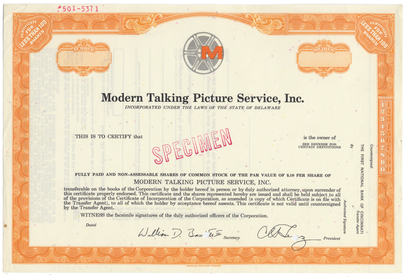 Modern Talking Picture Service, Inc. Specimen Stock Certificate
