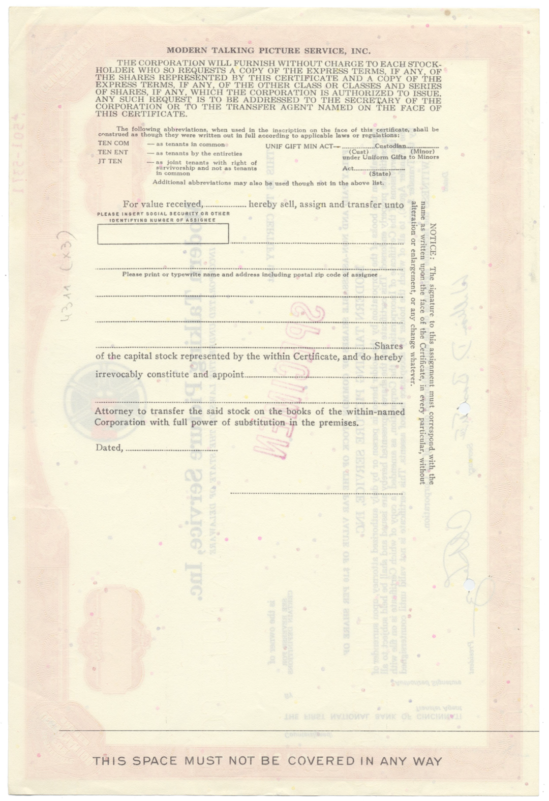 Modern Talking Picture Service, Inc. Specimen Stock Certificate