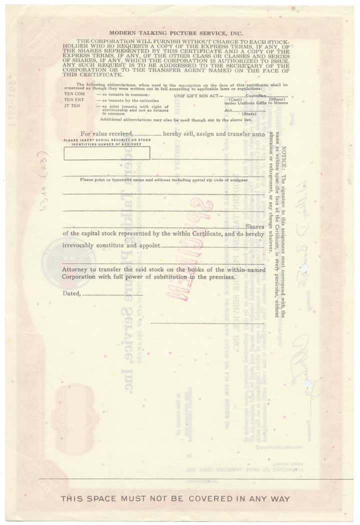 Modern Talking Picture Service, Inc. Specimen Stock Certificate