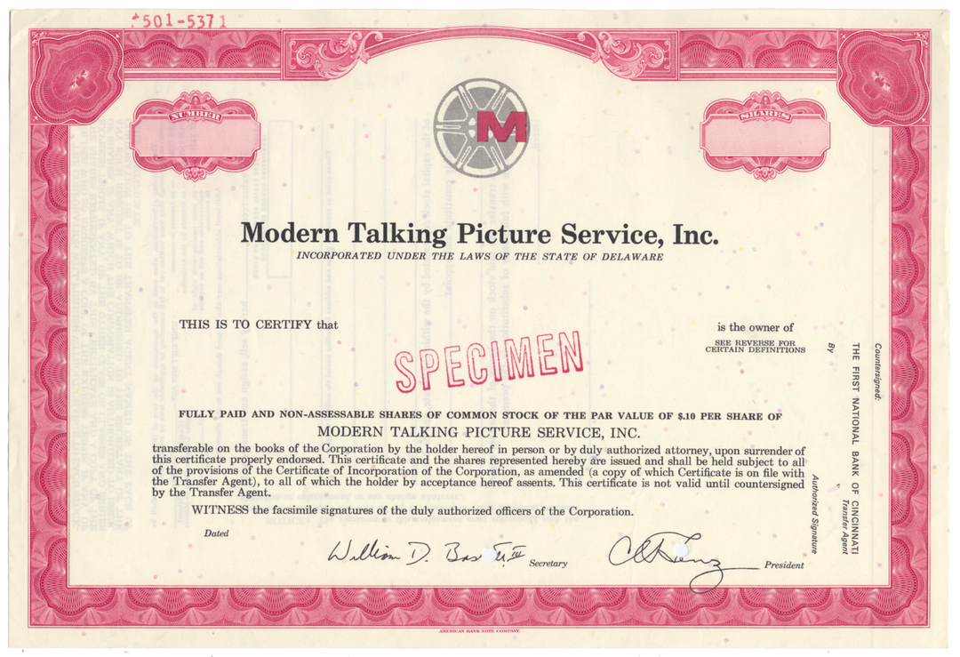 Modern Talking Picture Service, Inc. Specimen Stock Certificate