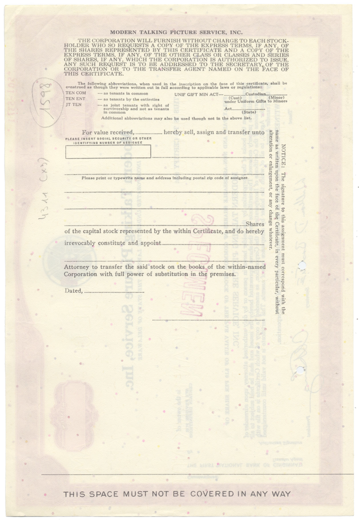 Modern Talking Picture Service, Inc. Specimen Stock Certificate