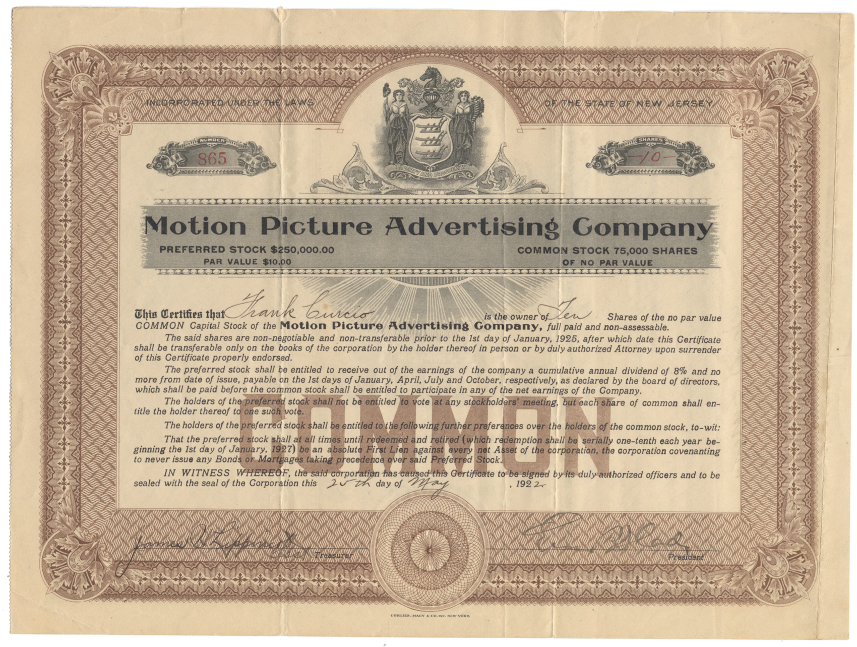 Motion Picture Advertising Company Stock Certificate