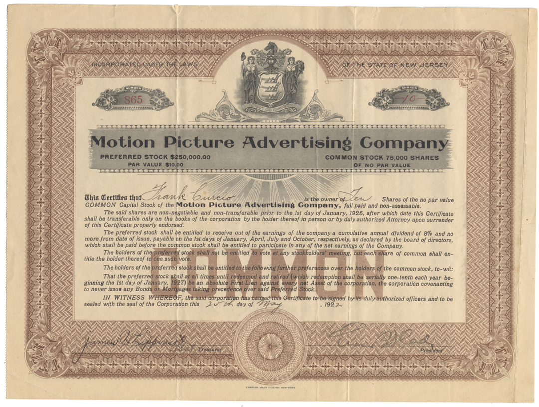 Motion Picture Advertising Company Stock Certificate