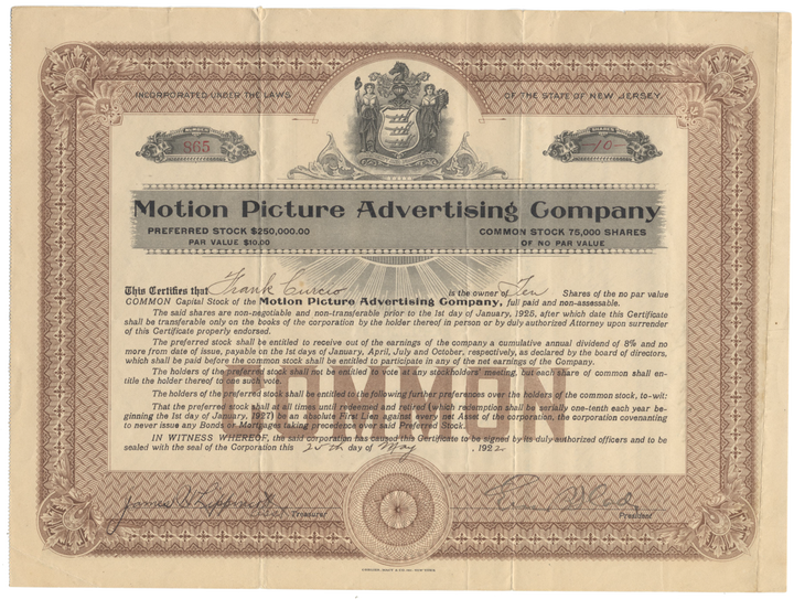 Motion Picture Advertising Company Stock Certificate