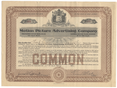 Motion Picture Advertising Company Stock Certificate