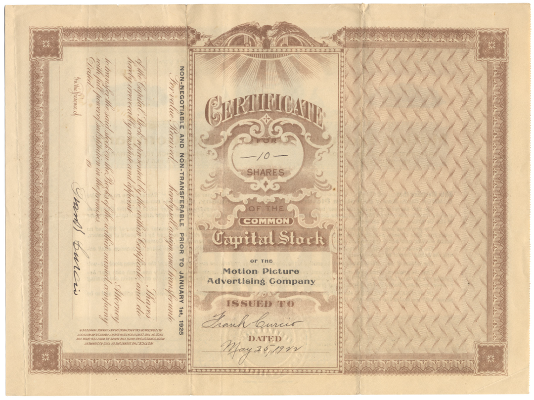 Motion Picture Advertising Company Stock Certificate