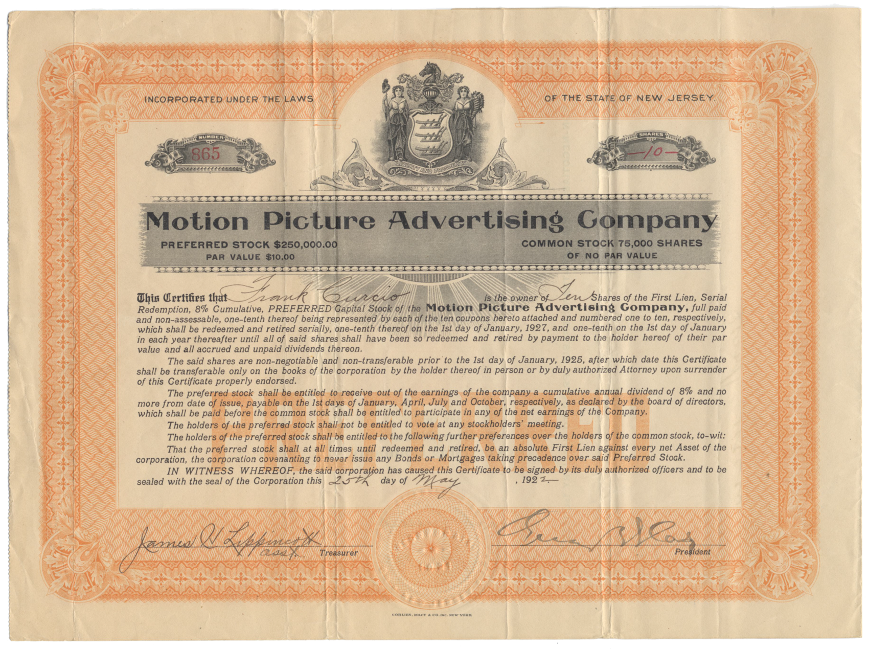 Motion Picture Advertising Company Stock Certificate