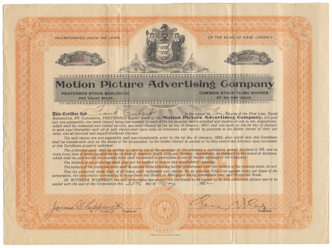 Motion Picture Advertising Company Stock Certificate