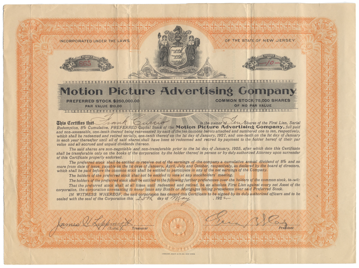 Motion Picture Advertising Company Stock Certificate