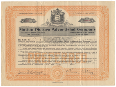 Motion Picture Advertising Company Stock Certificate