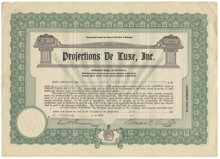 Projections De Luxe, Inc. Stock Certificate