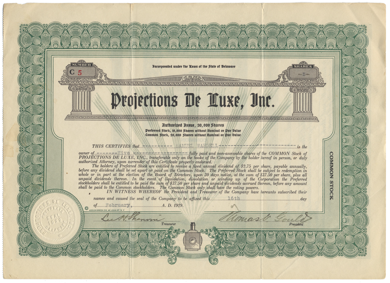 Projections De Luxe, Inc. Stock Certificate
