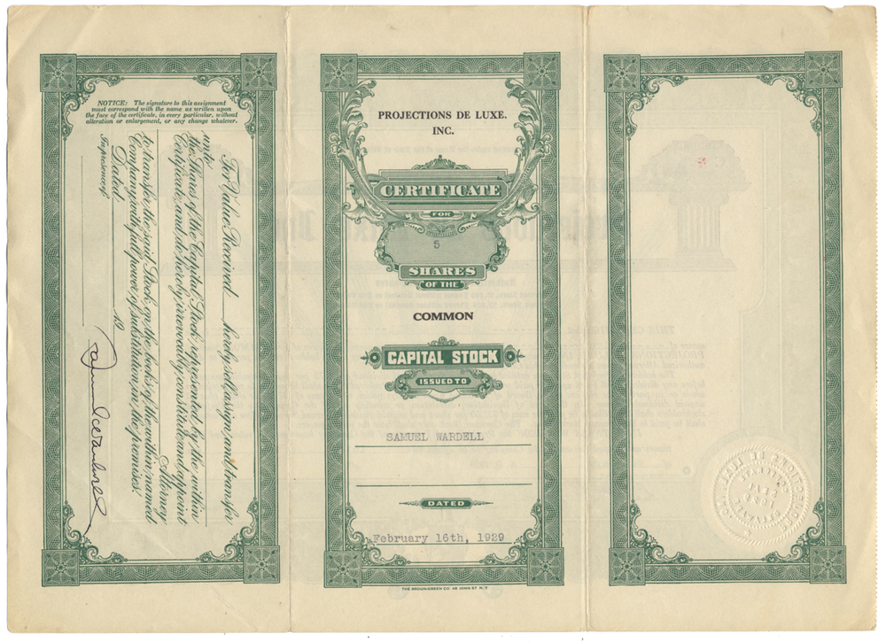 Projections De Luxe, Inc. Stock Certificate