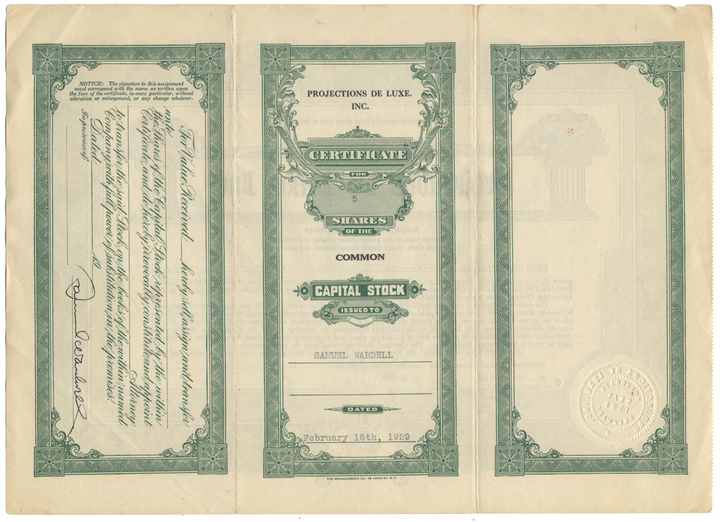 Projections De Luxe, Inc. Stock Certificate