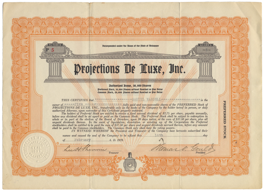 Projections De Luxe, Inc. Stock Certificate