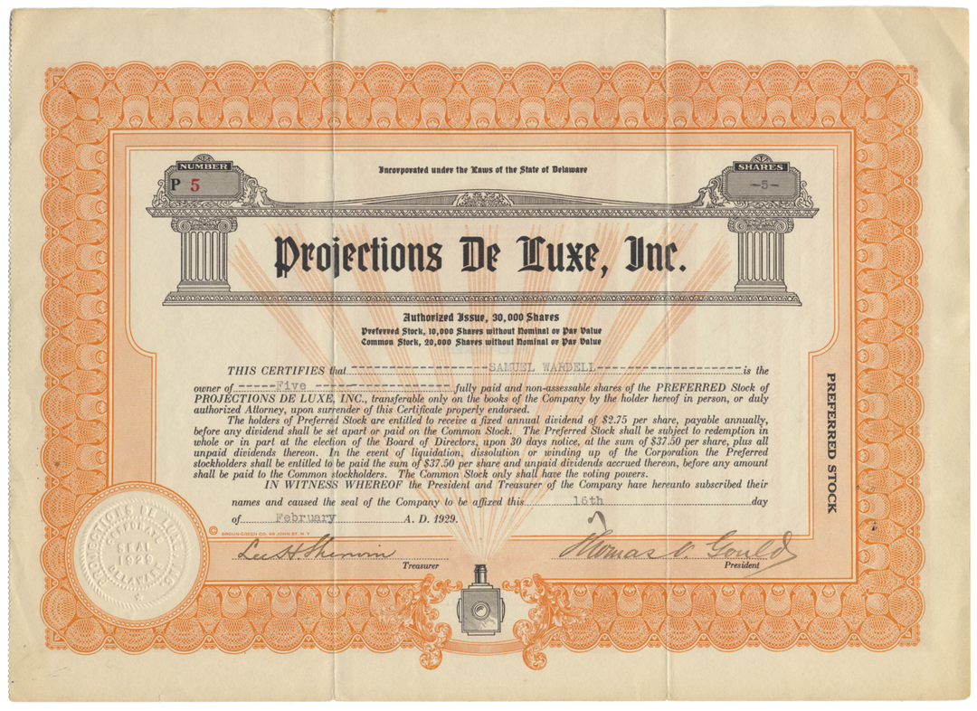 Projections De Luxe, Inc. Stock Certificate