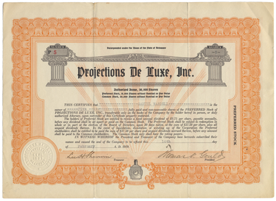 Projections De Luxe, Inc. Stock Certificate