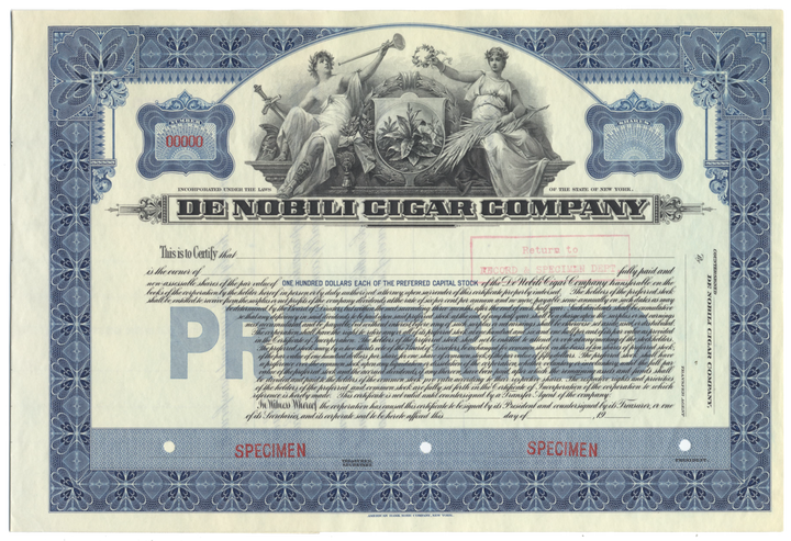 De Nobili Cigar Company Specimen Stock Certificate