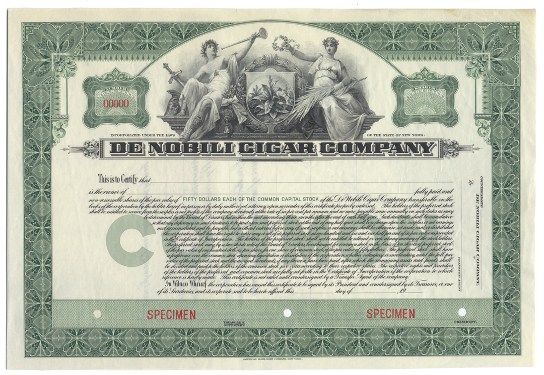 De Nobili Cigar Company Specimen Stock Certificate