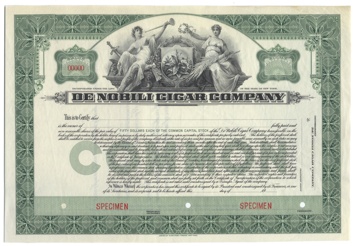 De Nobili Cigar Company Specimen Stock Certificate