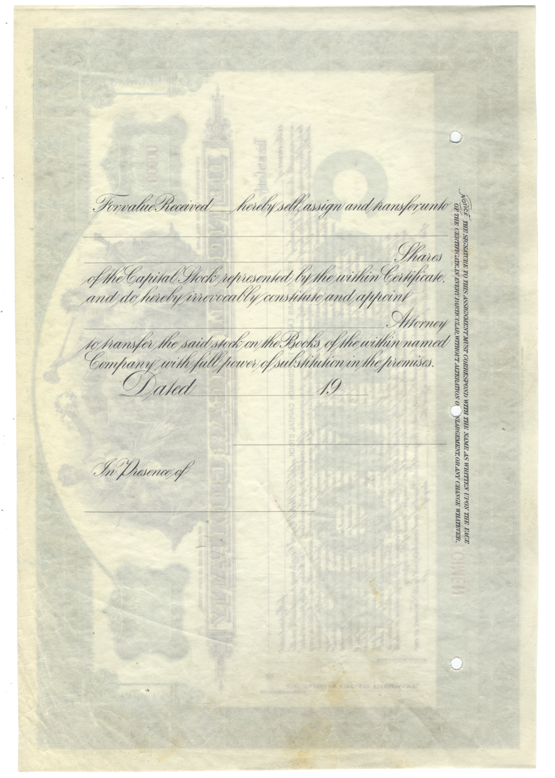 De Nobili Cigar Company Specimen Stock Certificate