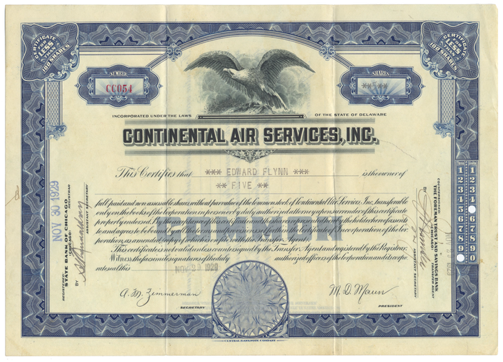 Continental Air Services, Inc. Stock Certificate