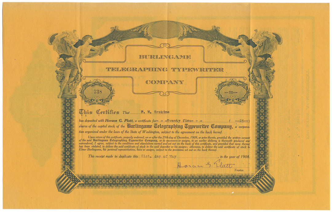 Burlingame Telegraphing Typewriter Company Stock Certificate