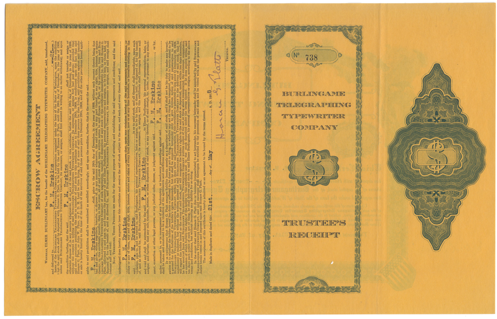 Burlingame Telegraphing Typewriter Company Stock Certificate