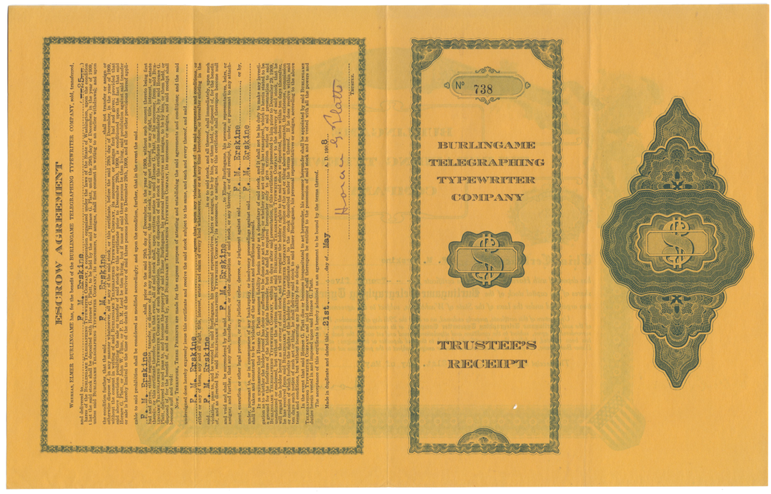 Burlingame Telegraphing Typewriter Company Stock Certificate