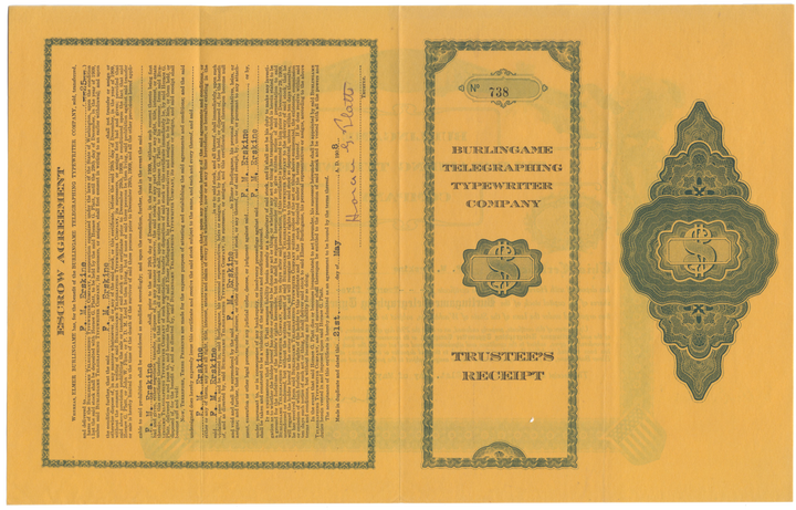 Burlingame Telegraphing Typewriter Company Stock Certificate