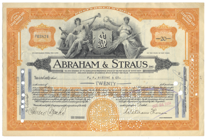 Abraham & Straus, Inc. Stock Certificate