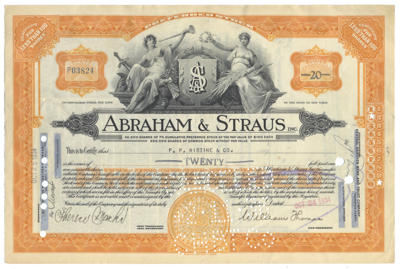 Abraham & Straus, Inc. Stock Certificate