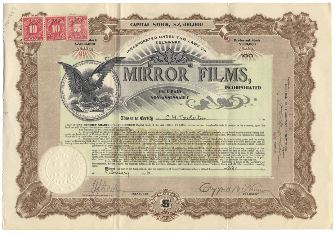 Mirror Films, Inc. Stock Certificate