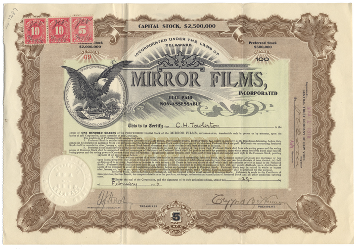 Mirror Films, Inc. Stock Certificate