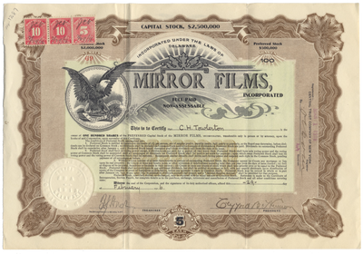 Mirror Films, Inc. Stock Certificate