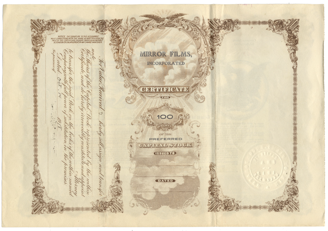 Mirror Films, Inc. Stock Certificate