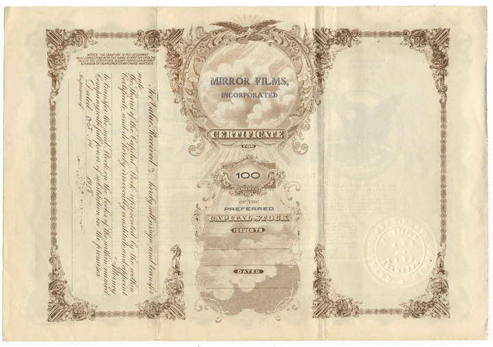 Mirror Films, Inc. Stock Certificate