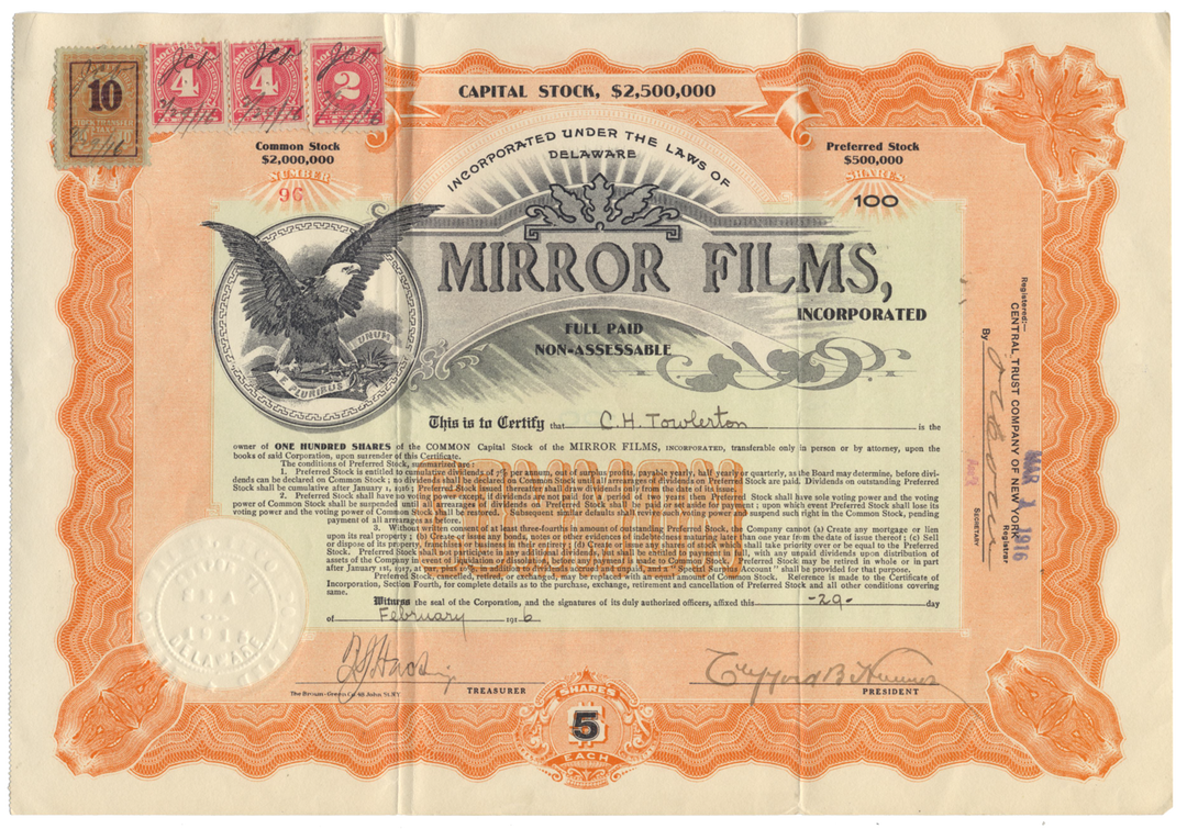 Mirror Films, Inc. Stock Certificate