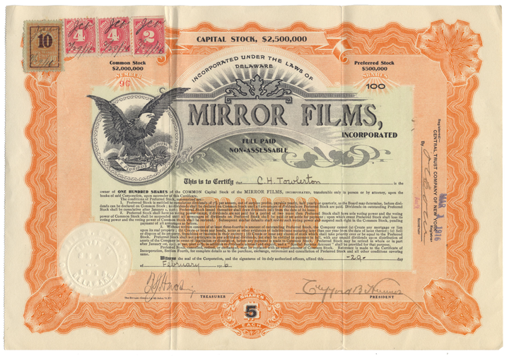 Mirror Films, Inc. Stock Certificate