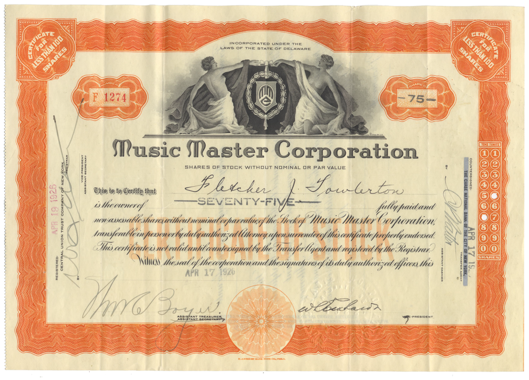 Music Master Corporation Stock Certificate