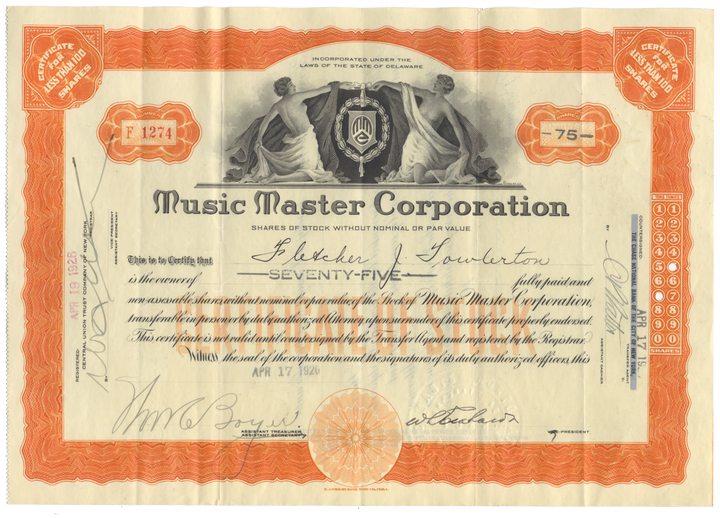 Music Master Corporation Stock Certificate