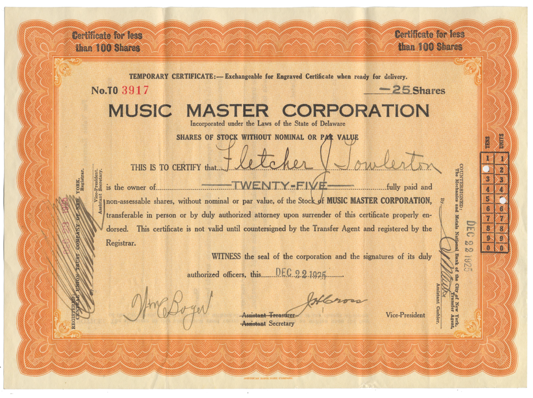 Music Master Corporation Stock Certificate