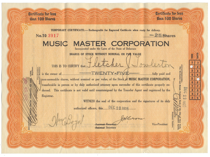 Music Master Corporation Stock Certificate