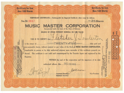 Music Master Corporation Stock Certificate