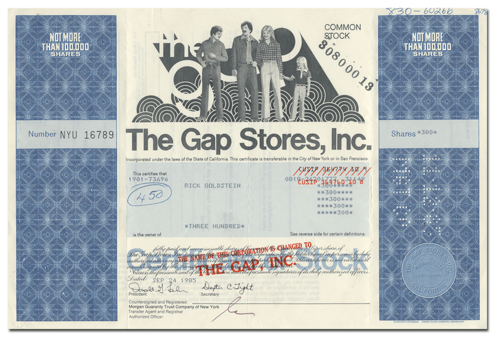 Gap Stores, Inc. Stock Certificate