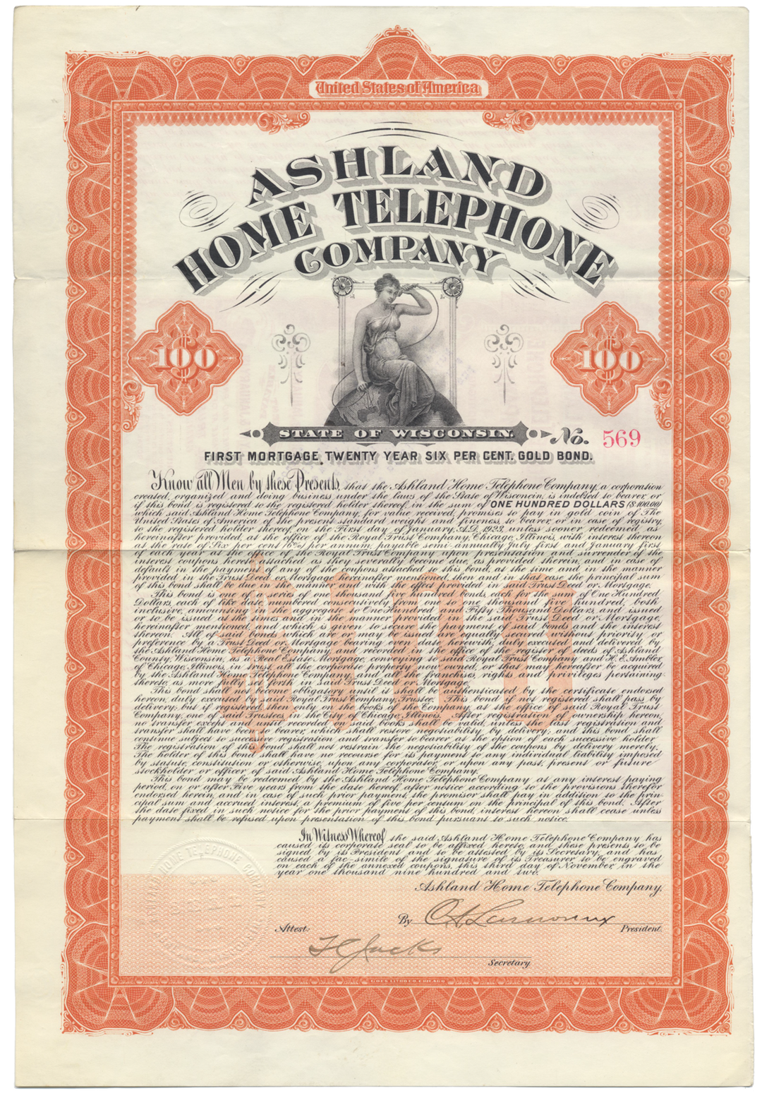 Ashland Home Telephone Company Bond Certificate