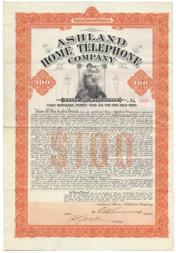 Ashland Home Telephone Company Bond Certificate