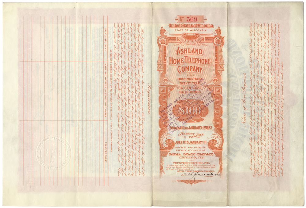 Ashland Home Telephone Company Bond Certificate